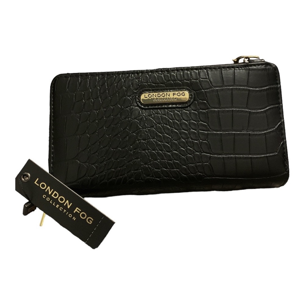 NWT LONDON FOG DOUBLE WALLET CROSSBODY PURSE CROCODILE BLACK